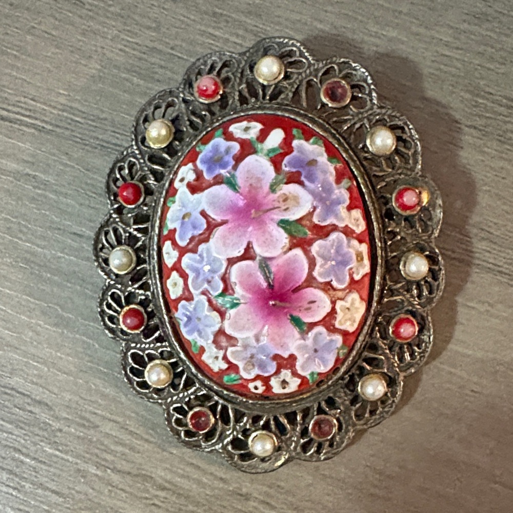 Floral Brooch with Red and Purple Accents preloved